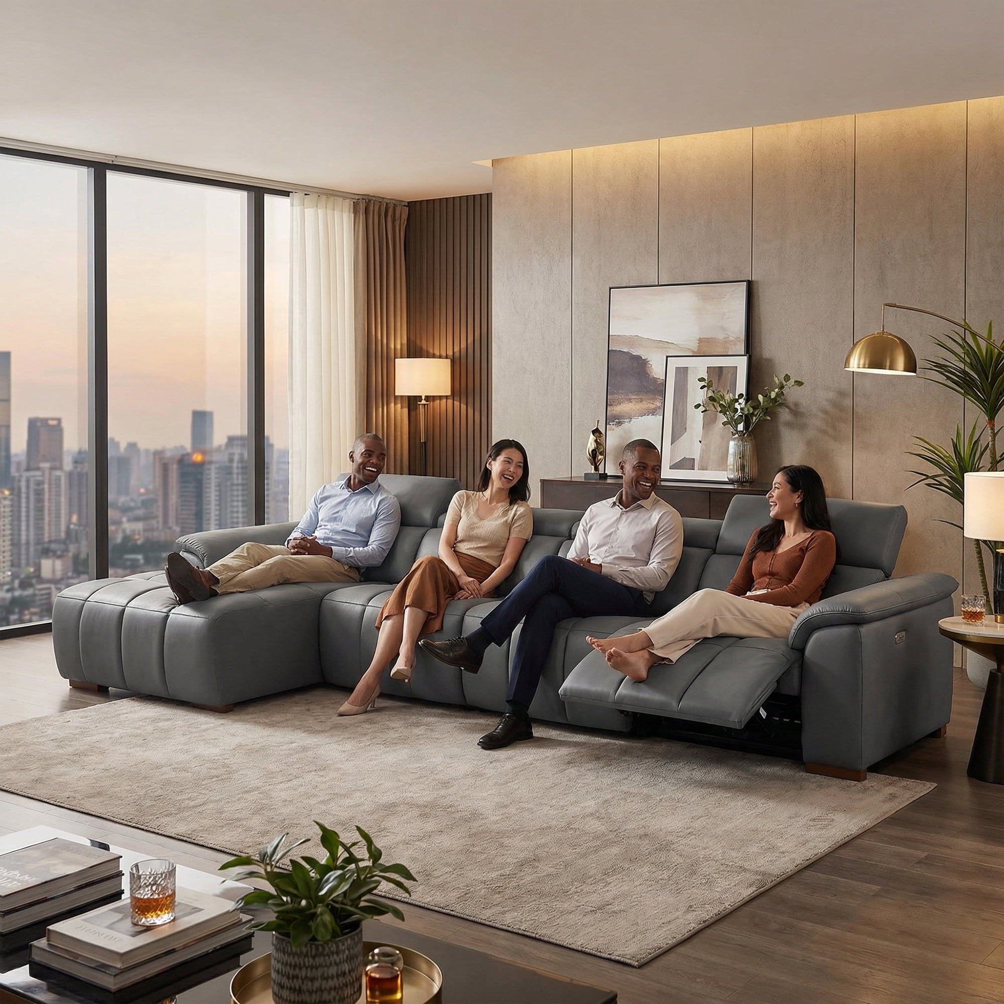 siu want Modern 4-Seat Electric Reclining Sectional Sofa, L-Shaped Genuine Leather Couch with Wall Hugger Design & USB Ports, Power Headrest and Footrest, Home Theater Living Room Furniture
