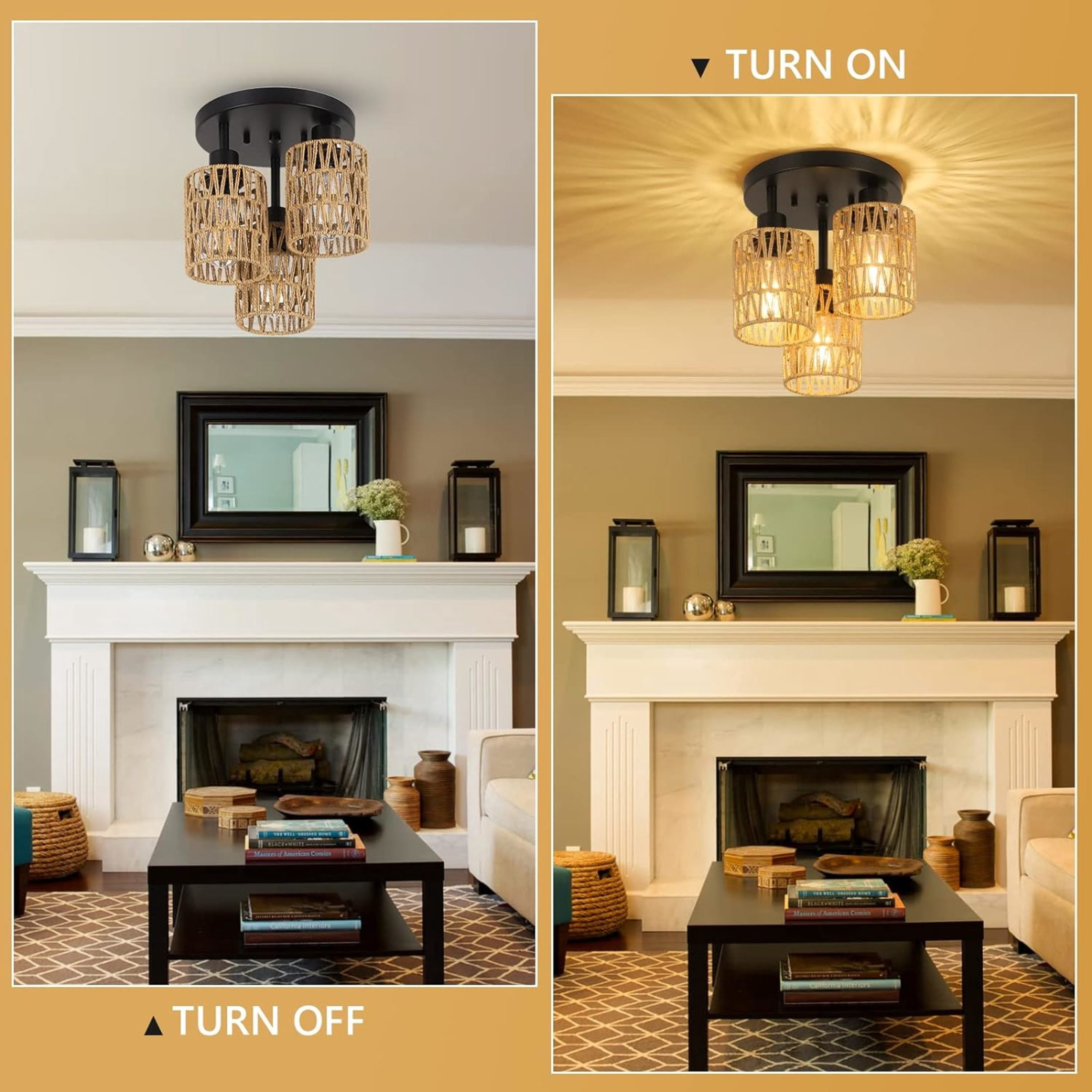Noble House 10.6" Modern 3-Light Semi Flush Mount Ceiling Light, Hand-Woven Rattan, E26 Dimmable Boho Fixture, Brown