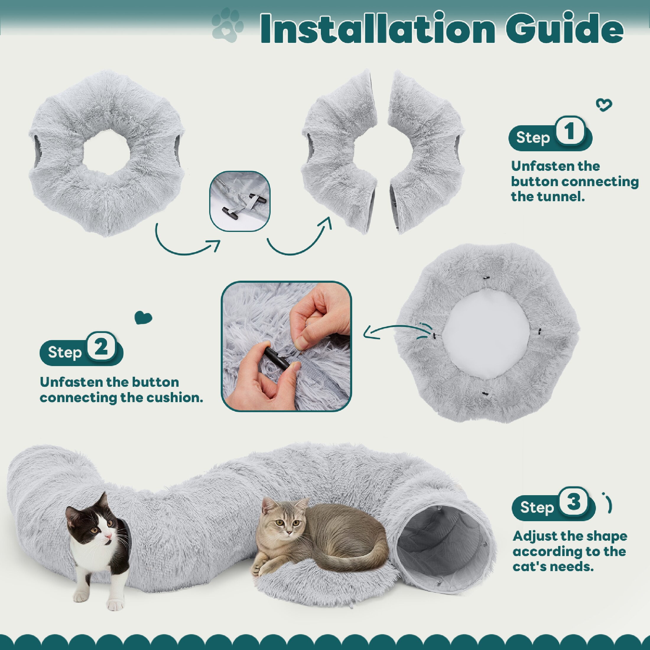 edx Cat Tunnel Bed for Indoor Cats, Soft Plush Peekaboo Hideaway Cave with Circle Cushion, Washable Multifunctional Playground Cat Donut Tunnel for Kittens, Rabbit, Ferret, Grey