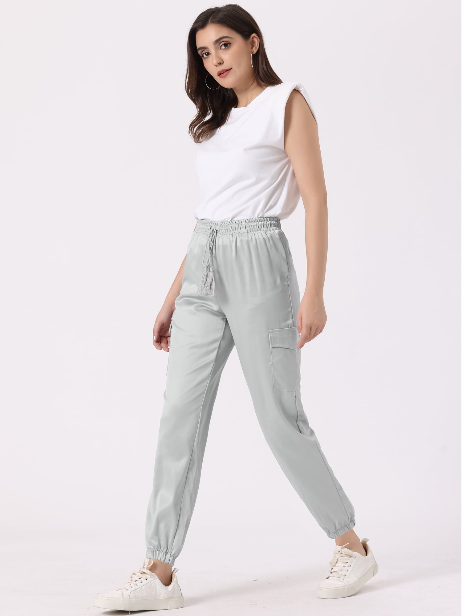 DARING DIVA Women's Drawstring Elastic High Waist Satin Cargo Pants S Light Grey