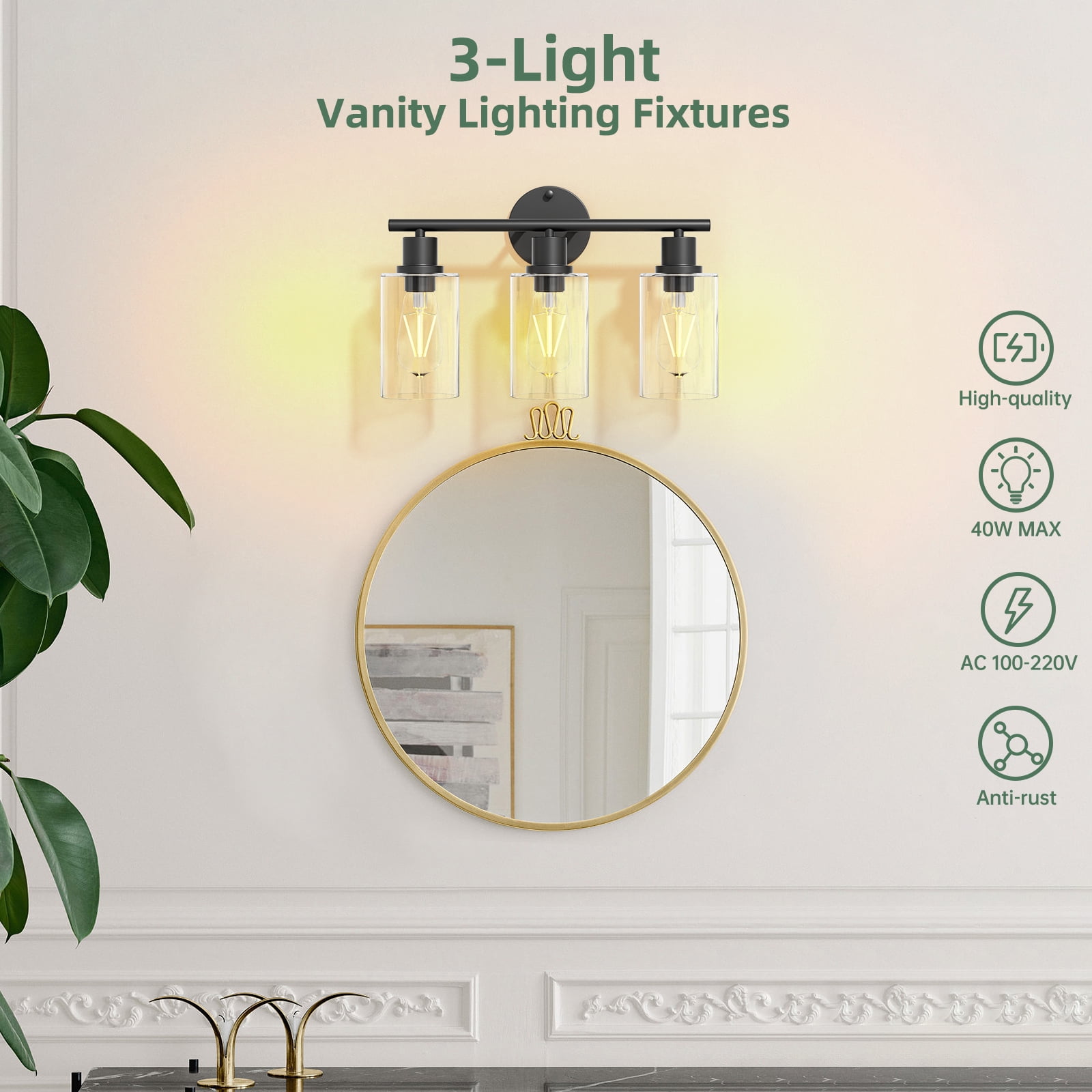 Cshidworld 3-Light Black Dimmable Vanity Light with Clear Glass Shade