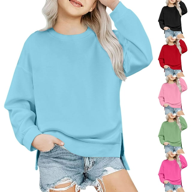 Tranfacy Chandail en Molleton pour Filles, Chandails en Molleton pour Enfants, Haut à Manches Longues Col Rond Chandail en Molleton à Manches Longues Chandail Épaule Tombante Chandails en Molleton Fendus sur le Côté pour 5-14 Ans