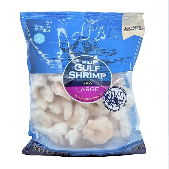Frozen Wild Caught US Gulf Shrimp, 31-40 Peeled & Deveined All-Natural, 16 oz bag