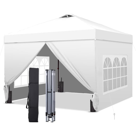 Outdoor Basic 10x10 Pop Up Canopy Tent with 4 Sidewalls, Easy Set up, Outdoor Silver Coated Beach Gazebos, Carpas with 4 Sandbags, for Outdoor, Parties,Camping, White.