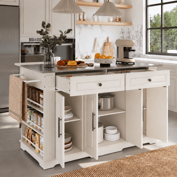 Deluxe Living 60" Kitchen Island & Kitchen Cart, Rolling Mobile Island with Drop Leaf Countertop, Power Outlets, Drawers & Open Storage Shelves, White