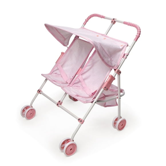 Badger Basket Toy Doll Folding Double Umbrella Stroller with Canopy for 18 inch Dolls - Pink/Gingham