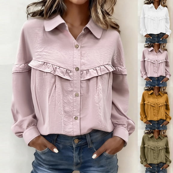 Women Button Down Dressy Shirts Collared Puff Long Sleeve Ruffle Tops Ladies Fall Elegant Casual Fashion Work Shirt S-XXL