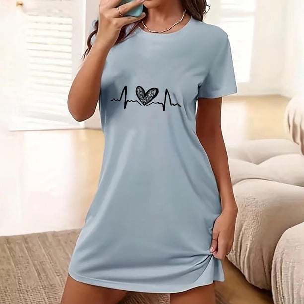 Camisón corto extragrande para mujer, estampado, cuello redondo y manga corta, de poliéster.