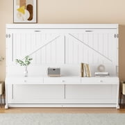 Harper & Bright Designs Queen Size Wall Murphy Bed with Storage, Foldable Cabinet Bed with Vanity Desk, Center Mirror & 2 Side Drawers for Guest Room Office, White
