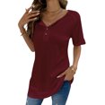 thumbnail image 4 of HUBERY Women Waffle Rolled Short Sleeve Button Crewneck Solid Color Top, 4 of 7