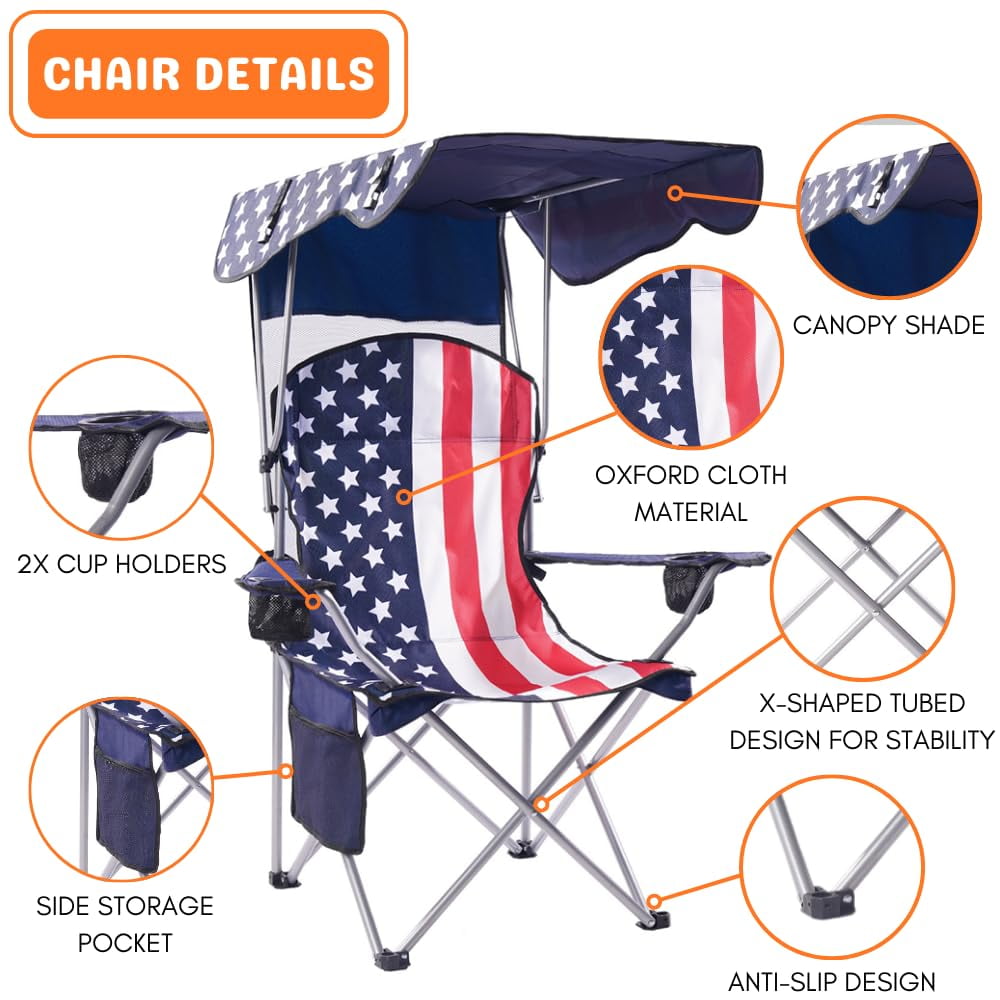 VTOY Folding Camping Chair with Canopy Portable Beach Chair with Shade for Outside Foldable Canopy Camping Chairs for Adults(Flag)