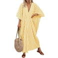 thumbnail image 2 of CIENVNSTG Womens Striped Print V-Neck Loose Casual Dress Dress Elegant Vacation Dress Yellow 2XL, 2 of 5