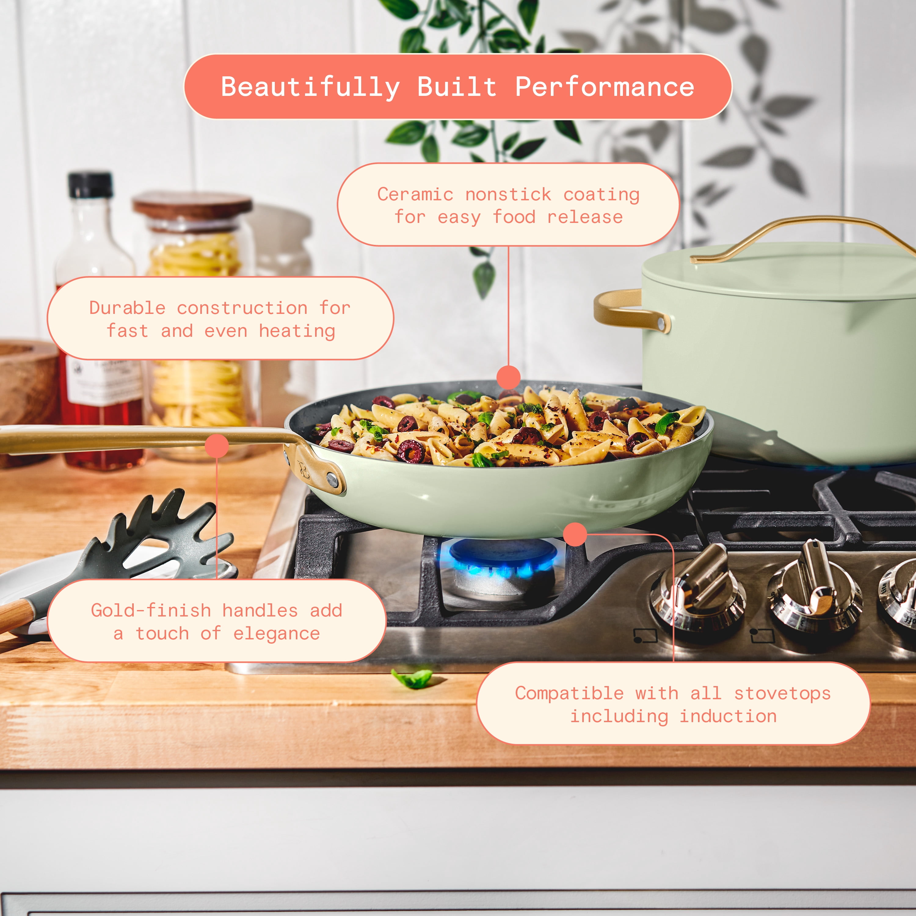 Beautiful 18-Piece Ceramic Nonstick Cookware Set, Pots & Pans with Strainer Lids & Kitchen Utensils, Sage Green by Drew Barrymore