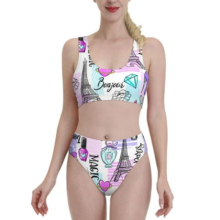 Bixox Eiffel Tower and Hearts Pattern Two-Piece Sports Bikini with U-Shaped Top and High-Waist Bottom - Women s Swimwear with Removable Bra Pads