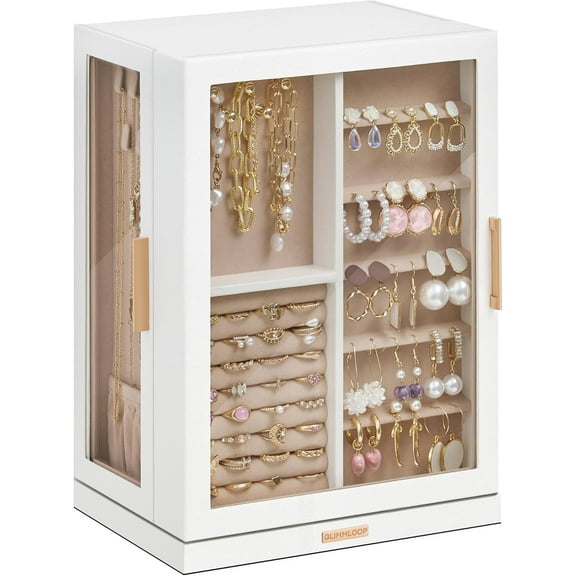 360° Rotating Jewelry Box with 7 Drawers, Spacious Vertical Jewelry Organizer with Glass Window, Jewelry Storage Case, Dustproof & Moisture-resistant Design, White
