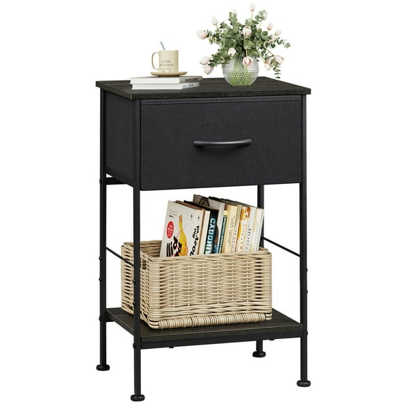 GALAXHERO Nightstand 1 Fabric Drawer with Open Wood Shelf, Bedside Table for Bedroom, Dorm, Entryway, Compact End Table with Storage, 25.03" Height, Black