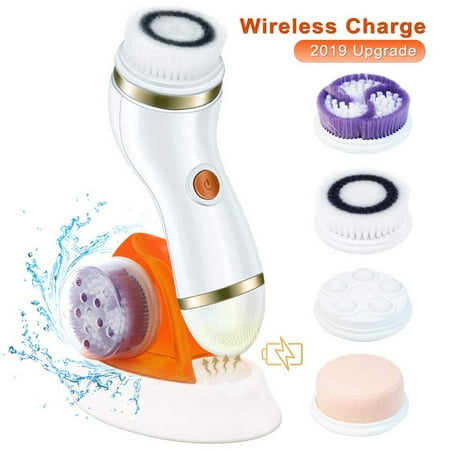 Deep Cleansing Brush SYCEES 4 in 1 Electric Facial Cleansing Brush, Waterproof Rechargeable Electric Rotating Face Cleanser Brush Set with 4 Brush Heads, Fit for Skin Care Deep Cleansing, Gold ()