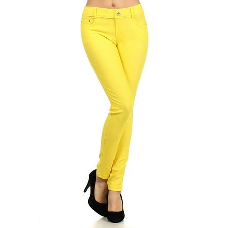 Herringbone Solid 5 Pocket Solid Fashion Jeggings - Yellow, (Best Jeans For Small Bottoms)