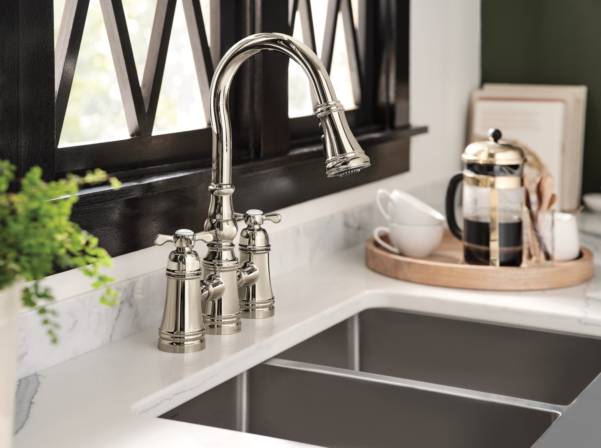 Moen S73204NL Weymouth Two Handle Pulldown Kitchen Faucet, Polished Nickel
