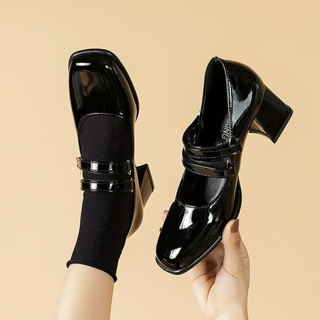 

Cathalem Woven Sandal 580 Retro College Square Head Thick Heel Buckle Single Fashion New Shoes Sandals Women Black 7