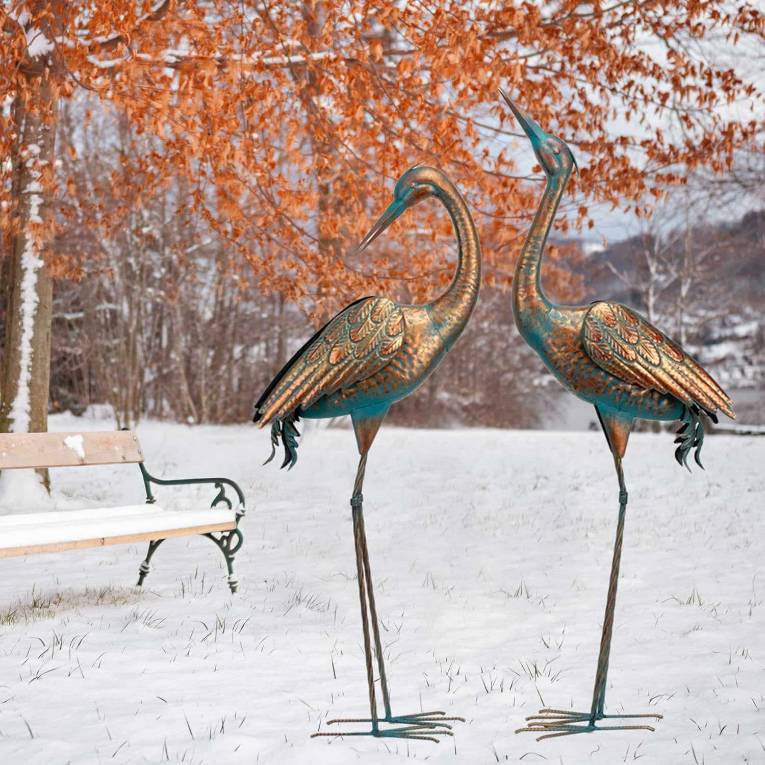 Garden Crane Statues Blue Heron Metal Yard Art Outdoor Decoration,Large Sculptures for Lawn Patio Porch,39-44 inch,Set of 2