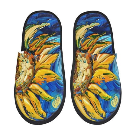 

Honeii vintage Starry Sunflower Print Furry Slippers Bedroom Slippers for Women and Men Fuzzy Plush Comfy Faux Fur Lined Slide Shoes -Large