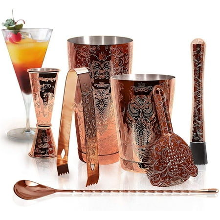 

Bartender Kit Cocktail Shaker Set-6 Pieces Stainless Steel Copper Plated Etching Bar Tools with Boston Shaker Tins Mixing Spoon Mojito Muddler Jigger Hawthorne Strainer Ice Tongs