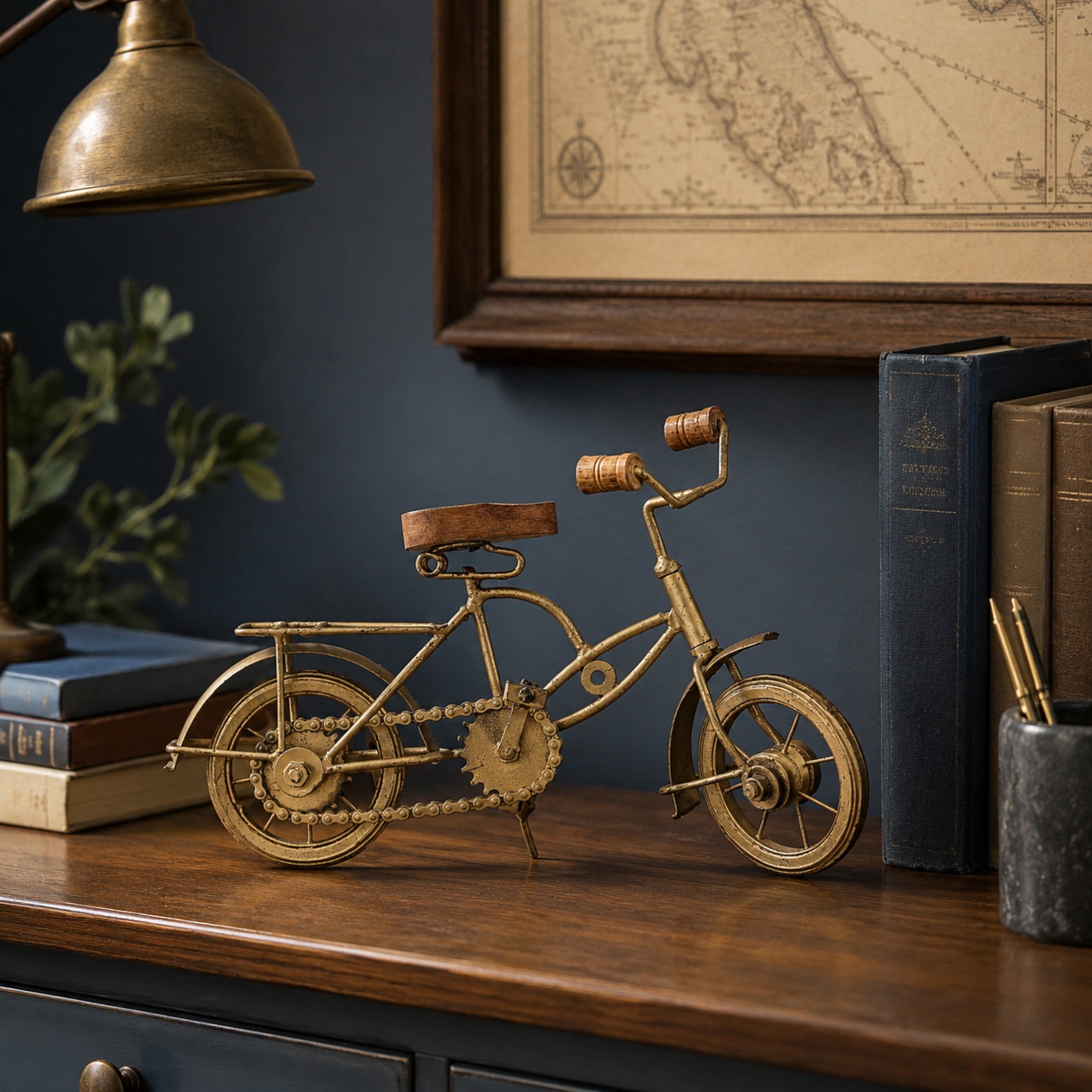 11" x 8" Gold Metal Bike Sculpture with Wood Accents, by DecMode