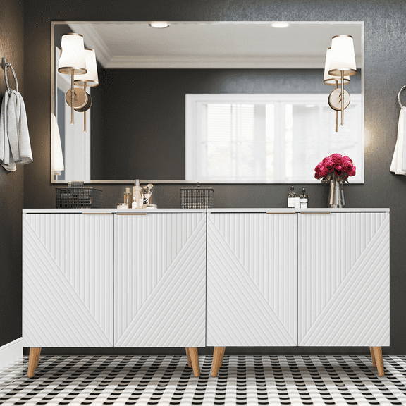 AVAWING Modern Sideboard Cabinet Set of 2, Wood Buffet Cabinet with Adjustable Shelves, Fluted White