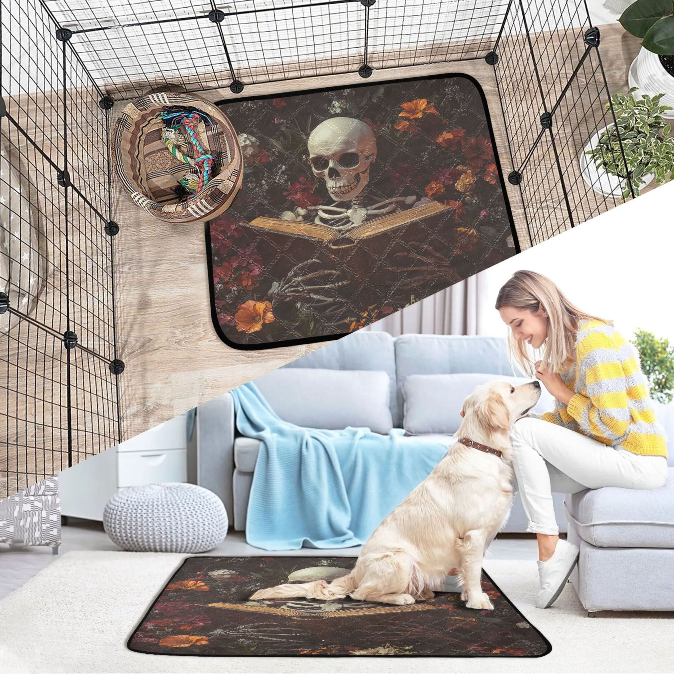 Qxltty Skeleton Reading Cat litter Pads Pet Set of 3 Diaper Mats Center Anti-leakage Layer Absorbent Soft and Comfortable