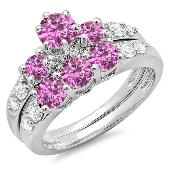 Dazzlingrock Collection 14K Round Pink Sapphire & White Diamond 3 Stone Bridal Engagement Ring Set, White Gold, Size 6.5