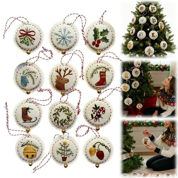 12PCS Embroidery Christmas Ornaments Kit, Hand Needlepoint Ornament Set for Beginners with DIY Holiday Decoration & Craft Supplies