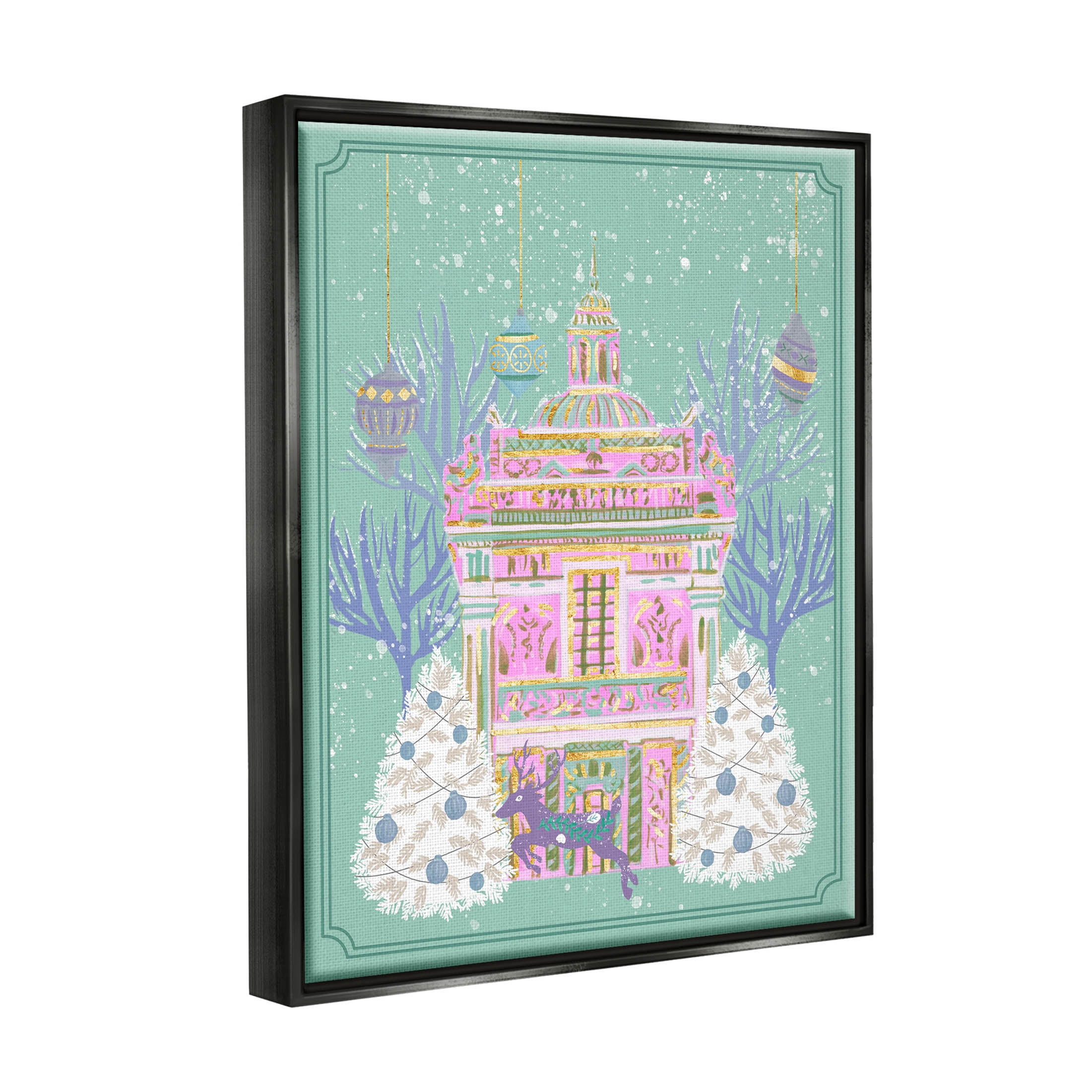 Stupell Industries Pink Ornate Christmas Building Graphic Art Jet Black Floating Framed Canvas Print Wall Art, Design by Melissa Wang