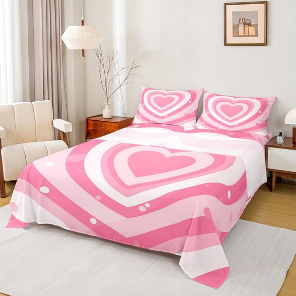Homewish Kawaii Pink Cartoon Twin Sheet Sets for Kids, Romantic Love Heart Twin Fitted Sheet, Fashion Polkadots Flat Sheet, Luxury Bedroom Decor, 3pcs