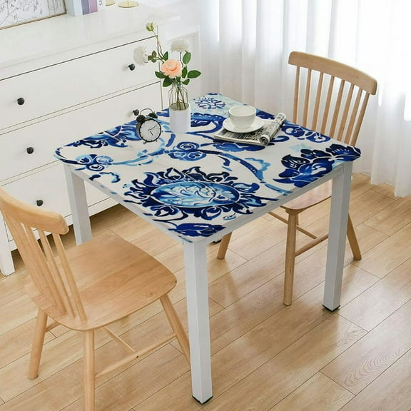 nygtbtfer  Blue Mediterranean Leaf Block Flannel Backed Vinyl Tablecloth, Geometric Blue Floral Vinyl Tablecloth with Flannel Backing, Oblong/Rectangle