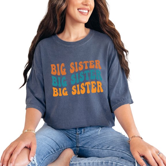 Big Sister, Being the Older Sibling Themed, Groovy Retro Wavy Text, Denim Comfort Colors T-Shirt, Small