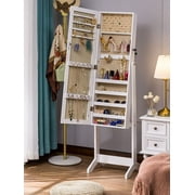 Luxfurni Standing Jewelry Armoire with LED Lights Full-Length Mirror with Jewelry Storage White Finish