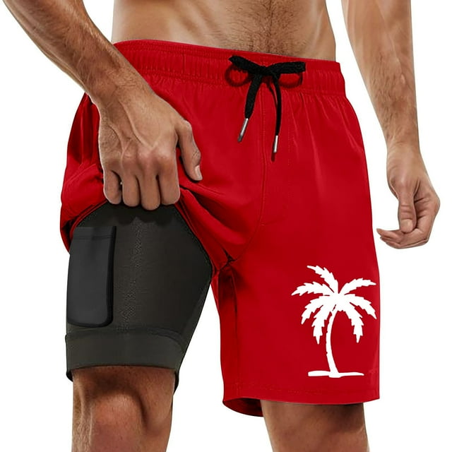 Board Shorts Men Male Summer Plus Size Sports Coconut Tree Print Double Beach Pants Short Homme Red XXXXXL