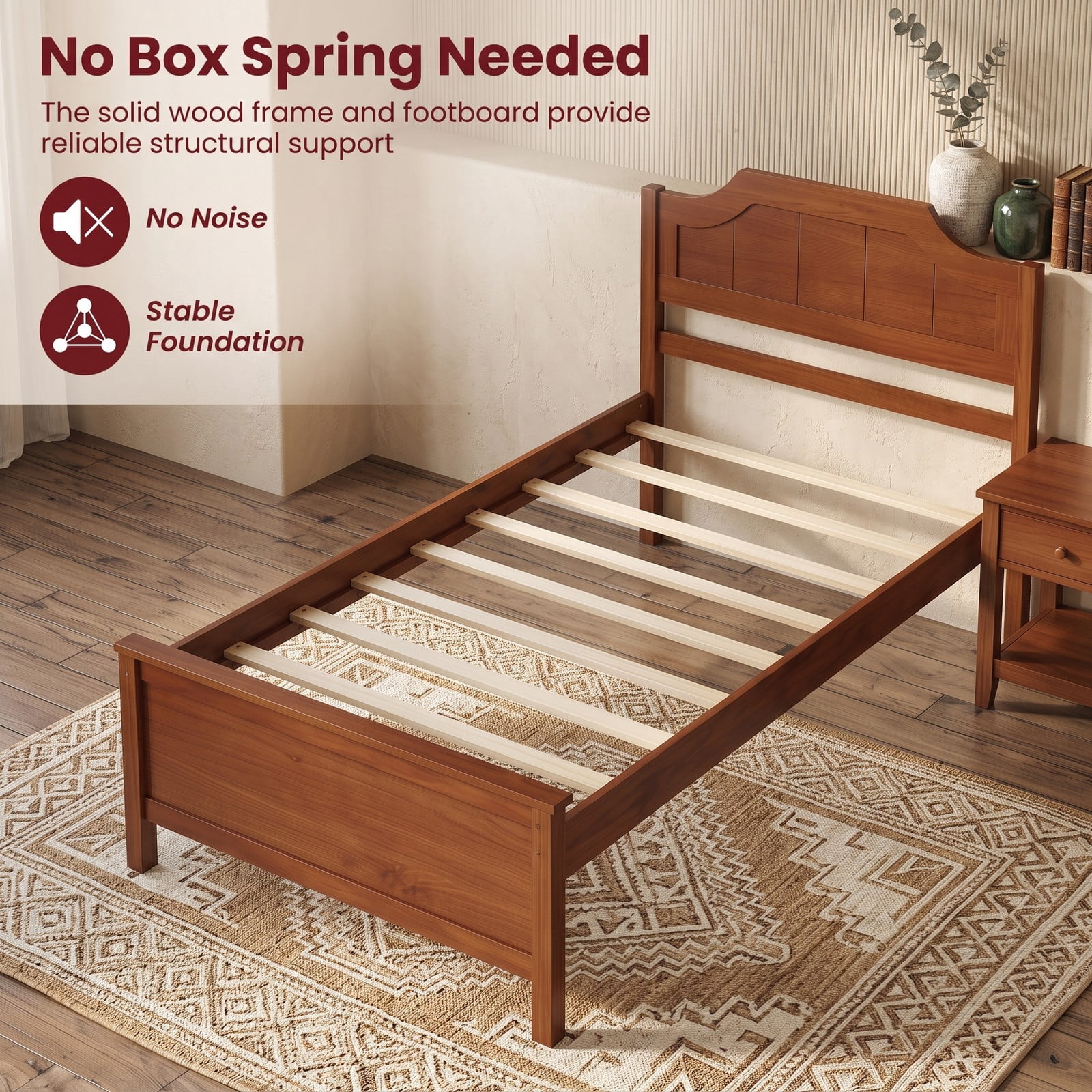 Furnibear Twin Bed Frame with Arched Headboard and Footboard, Pine Wood Platform Bed Frame with Slat Support for Kids Room, Walnut