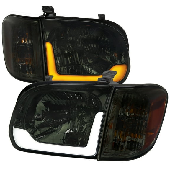 Switchback Sequential LED Bar Factory Style Headlights w/Corner Lamps (Chrome Housing/Smoke Lens) Made for and Compatible with 2005-2006 Toyota Tundra/2005-2007 Sequoia