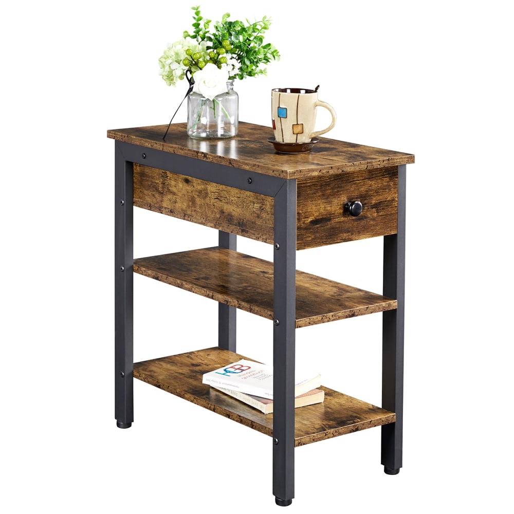 Gray Industrial Style Wooden Sofa Side Table Yaheetech Rustic End Table with Drawer and Open Shelf Easy Assembly