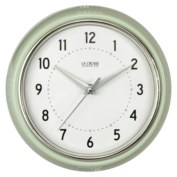 La Crosse Clock 9.5 inch Retro Diner Green Silent Sweep Quartz Analog Wall Clock, 404-3024PH