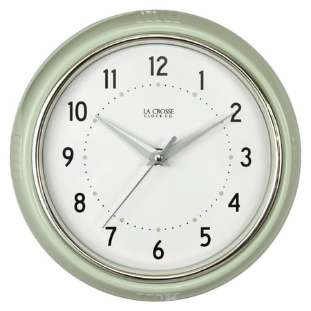 La Crosse Clock 9.5 inch Retro Diner Green Silent Sweep Quartz Analog Wall Clock, 404-3024PH