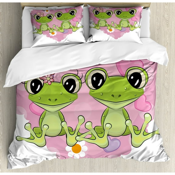 Love Duvet Cover Set, 2 Cartoon Frogs on a Background of Heart in Love Happiness Flowers Art, Decorative 3 Piece Bedding Set with 2 Pillow Shams, Calking Size, Dried Rose Lime Green, by Ambesonne