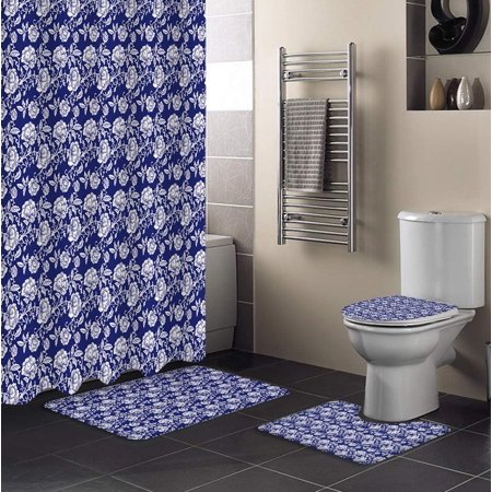 ZHANZZK Floral 4 Piece Bathroom Set Shower Curtain Bath Rug Contour Mat and Toilet Lid Cover