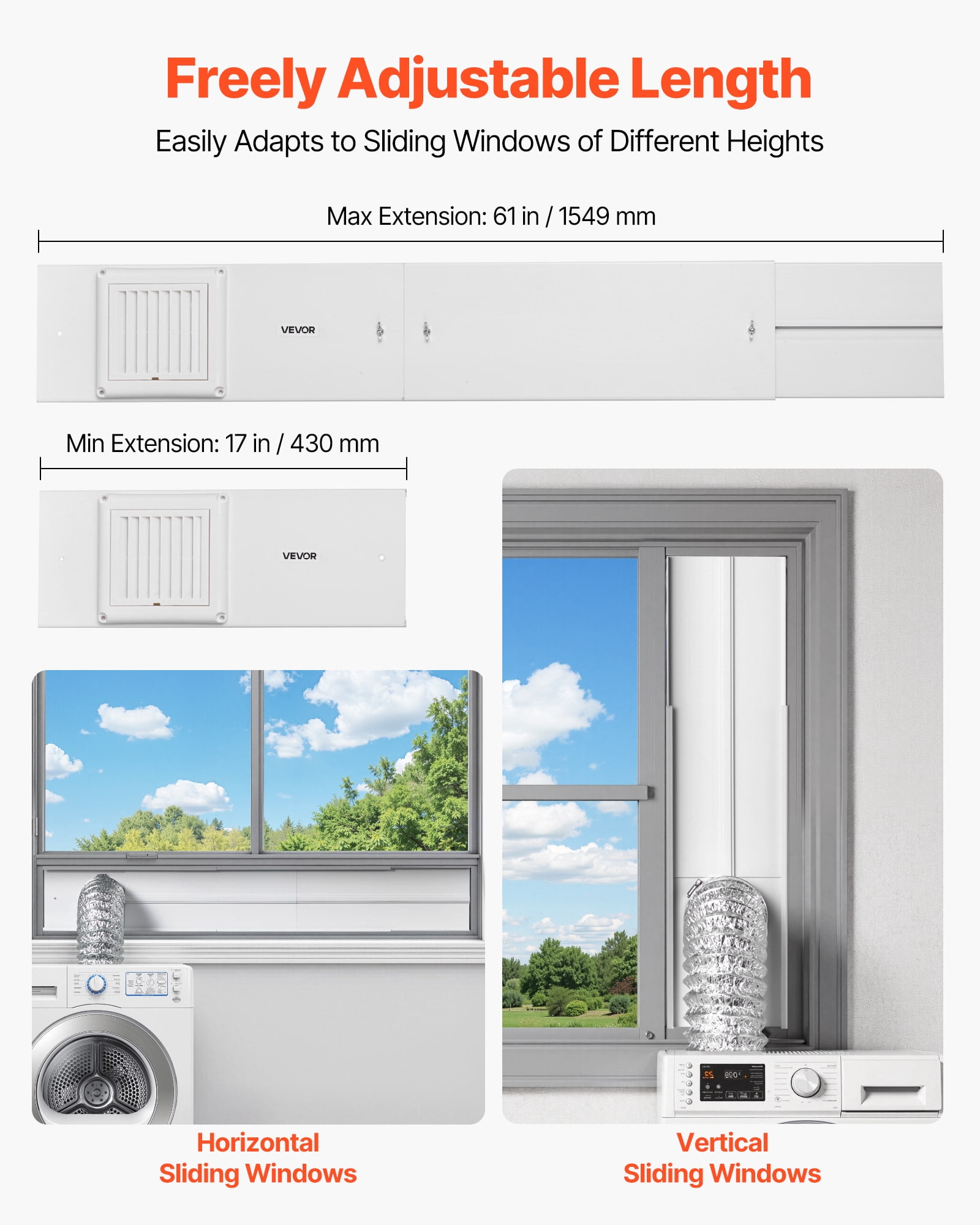 VEVOR Dryer Vent Window Kit, Fits 4-Inch Exhaust Hoses, Adjustable Length for Adapts Sliding Windows of Different Heights, Sturdy PVC and PP Materials, Dual Protections & Multi-layer Sealing Design