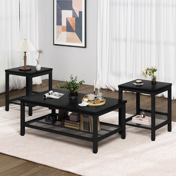 Lamerge Ensemble de 3 Tables à Café, Ensemble de Table de Salon Industriel avec Cadre en Métal, Table à Café Rectangulaire et 2 Tables d'Appoint pour Maison, Bureau, Appartement, Noir