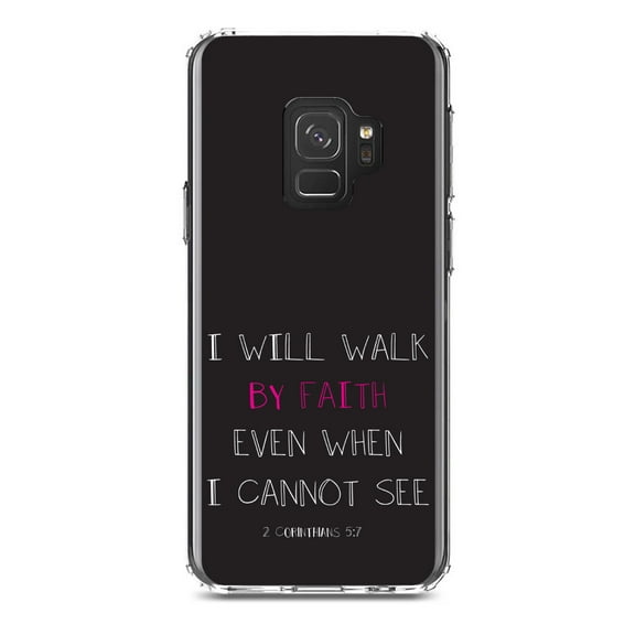 DistinctInk Clear Shockproof Hybrid Case for Samsung Galaxy S9 (5.8" Screen) - TPU Bumper, Acrylic Back, Tempered Glass Screen Protector - 2 Corinthians 5:7 - Walk By Faith Even When I Cannot See