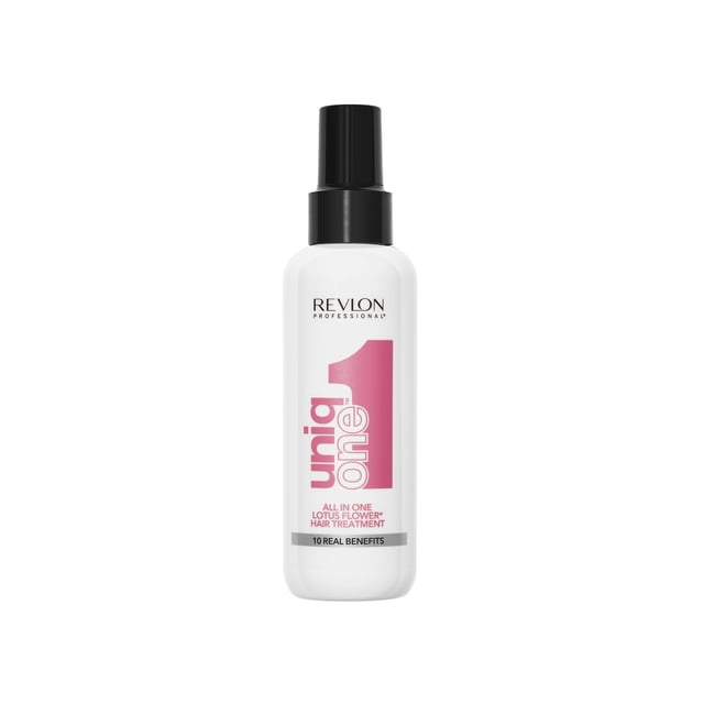 tratamiento revlon professional uniqone lotus 150ml — envase frontal blanco con etiqueta rosa y tapa negra, spray sin enjuague; multibeneficio según especificaciones: repara cabello seco y dañado, fortalece y reduce la rotura, ofrece protección térmica, aporta brillo y controla el encrespamiento, y protege el color con filtros UVA/UVB; fragancia a flor de loto; a menudo usado para desenredar y facilitar el peinado.