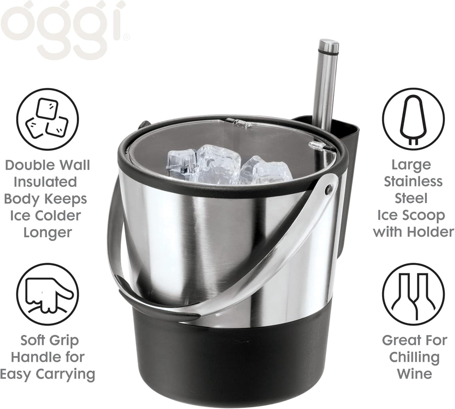 Insulated Ice Bucket, 4 Quart / 3.8 L, Stainless Steel, Black.